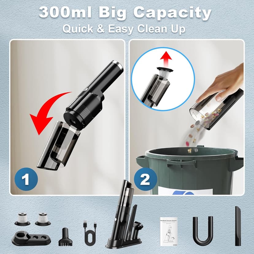 Handheld Vacuum Cordless, Portable Car Vacuum with 2-Speed, 10KPA Powerful Suction Vacuum Cleaner with Charging Dock, Lightweight 4-in-1 Mini Hand Held Vacuum for Car Home Pet Office and Pet Hair 115B