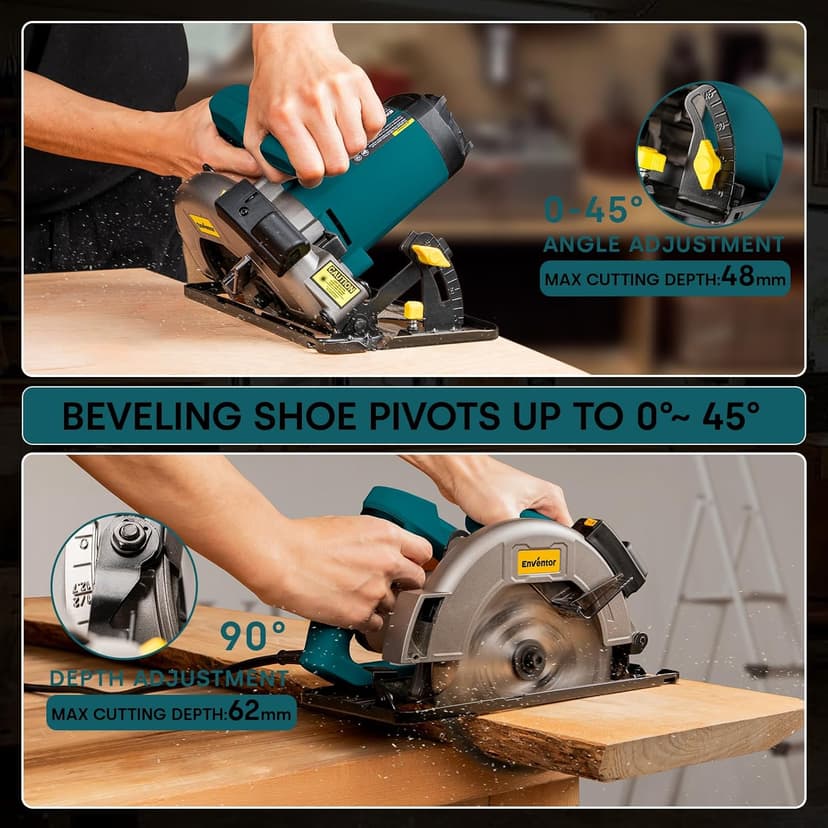 Enventor Circular Saw Corded, 11A Electric Circular Saws 7-1/4-Inch with Laser Guide, 2 Blade Saws (40T/24T), Max Cutting Depth 2-7/16"(90°), 1-8/9"(0°-45°), Single Handed Bevel, 6000RPM (Blue)