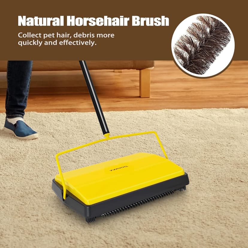 Carpet Sweeper Manual Push with Horsehair Brush, Electrostatic Floor Roller Sweeper Broom Non Electric for Pet Hair, Rug (Yellow)