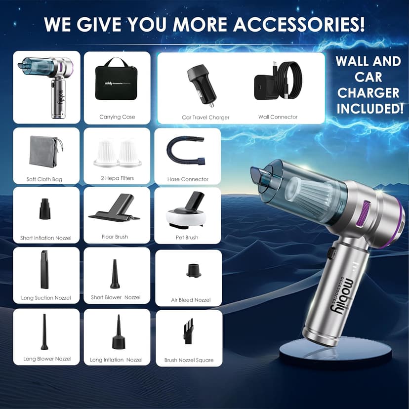 【2025 Upgraded】 Handheld Vacuum Cordless, Car & Home Cleaner with Brushless Motor, Strong & Compressed Air Dusters with LED Light, Type C Port, Wireless Mini Portable Hand Blower