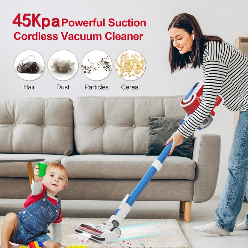 Cordless Vacuum Cleaner for Home, 45Kpa Lightweight Stick Vacuum with Powerful Suction, Rechargeable Battery Up to 50mins, Handheld Vacuum Cleaners for Hardwood Floors, Carpets, Pet Hair - Red