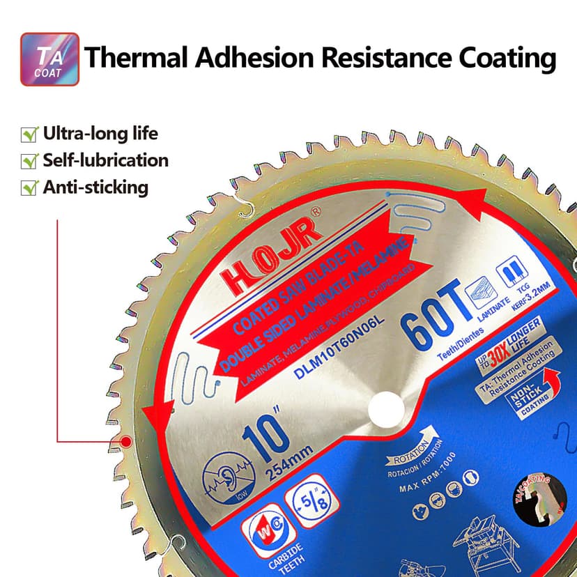 Circular Saw Blades Woodworking TA Series,10" 60-Tooth 5/8" Arbor, for Laminate, Melamine Board, Special Anti-Thermal Adhesion Coating on Cutting Edges -TA,High Finish,Long Life,DLM 10" 60T TA