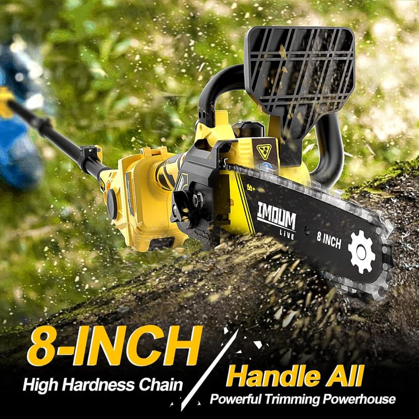 IMOUMLIVE 2-IN-1 Cordless 8 Inch Pole Saw & Chainsaw, 21V 3Ah Battery, 14.7ft Max Reach, 8.3lb Lightweight, Powered Pole Saws for Tree Trimming, Tree Trimmer for Branch Cutting