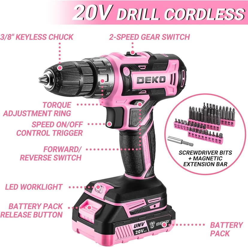 DEKOPRO Pink Drill Tool Kit Set: 20V Cordless Power Drill Tool Box with Battery Electric Drill Driver for Men Home Hand Repair Basic Toolbox Tools Sets Drills Case, DKMT186-GP