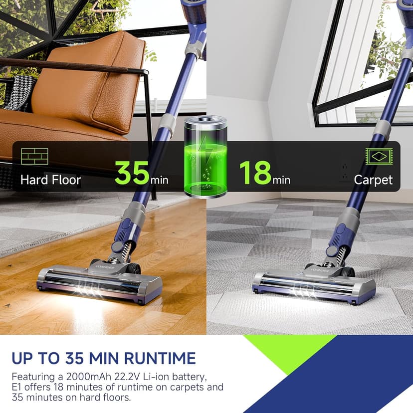 YONNDER Cordless Vacuum Cleaner 40KPA, 6-in-1 Lightweight & Detachable Battery, Powerful Suction for Home, 6-Stage Filtration, Tangle-Free V-Shaped Brush, for Hard Floor/Carpet/Pet Hair