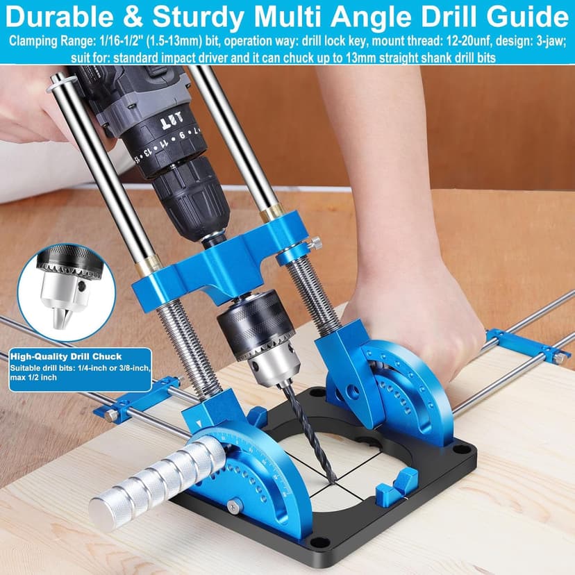 Portable Drill Guide, Multi Angle Drill Guide for Straight Holes, Self-Centering Pins, Drilling Jig w/Chuck & Key, Adjustable Angle from 0° to 60°, Chuck Clamping Range for 1/16-1/2" (1.5-13mm)