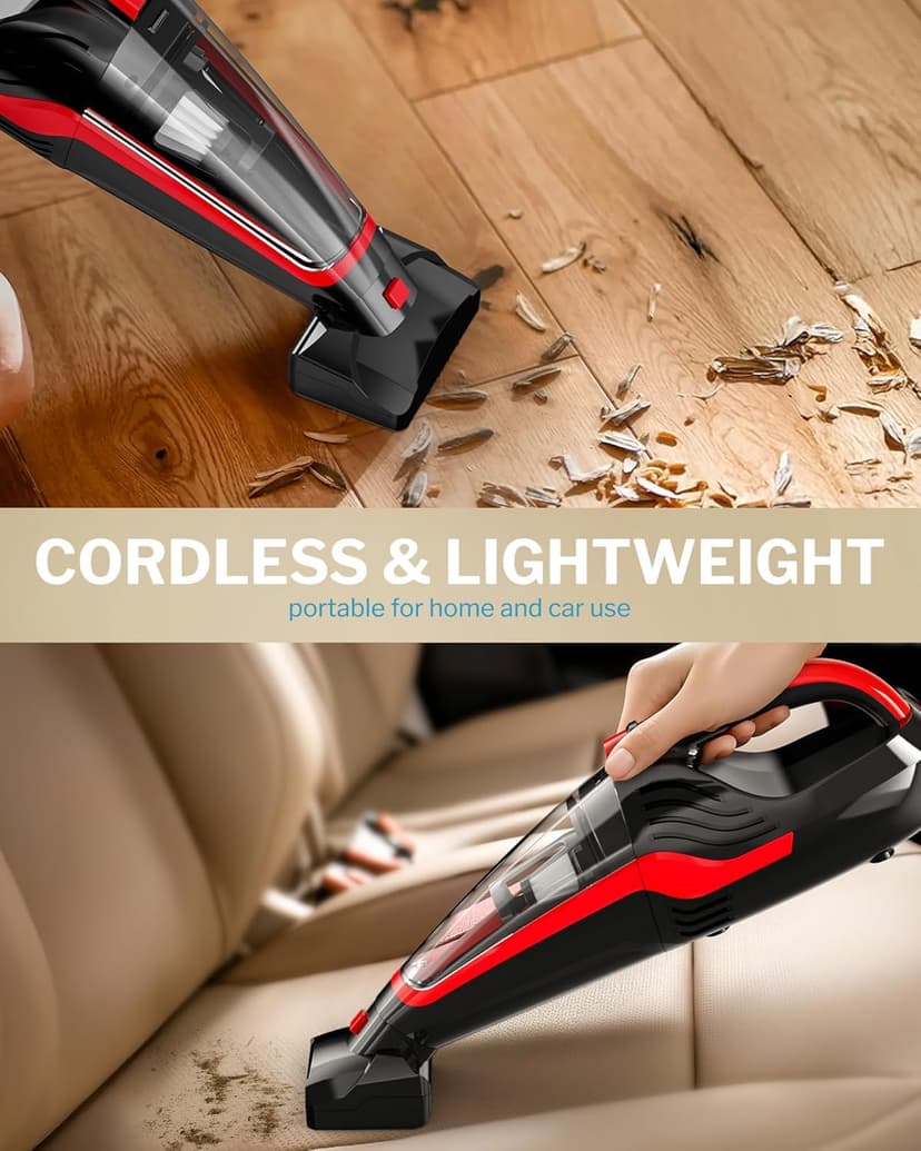 Pet Hair Handheld Vacuum, Car Vacuum Portable Cordless Rechargeable with Reusable Filter and Motorized Brush for Carpet, Couch & Stairs, Red, 17.4"X 4.6"X 6.6"