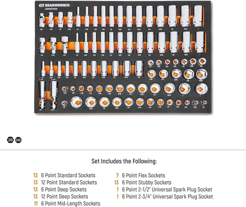 GEARWRENCH 85 Piece 3/8” Drive Master SAE Socket Set in Foam Storage Tray - GWMSSKT38SAE
