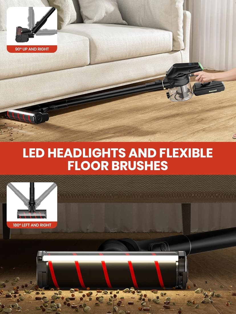 Honeywell Self-Cleaning Cordless Vacuum Cleaner, 8-in-1 Lightweight Stick Vacuum with 60Mins Runtime, Powerful Suction, Rechargeable Cordless Vacuum for Pet Hair/Carpet/Hardwood Floor, VC16