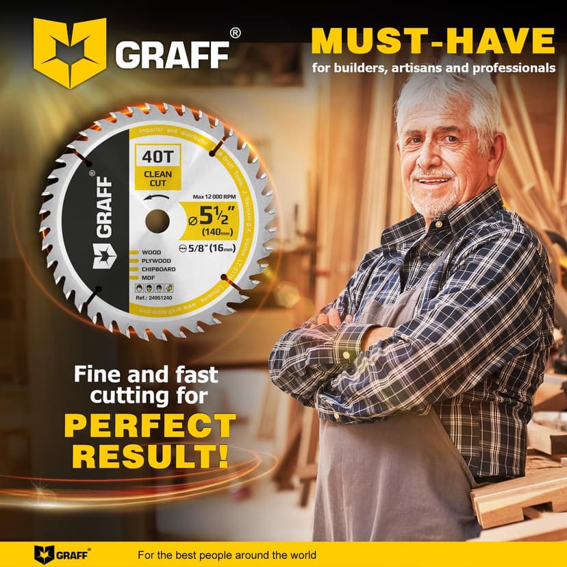 5-1/2" Wood Cutting Circular Saw Blade - Chop Saw Blade for Plywood, MDF, Drywall & Plastic 40T TCT Blade for Circular Table Miter & Cordless Saws 5/8-Inch Arbor Burr-Free No Heat No Sparks GRAFF