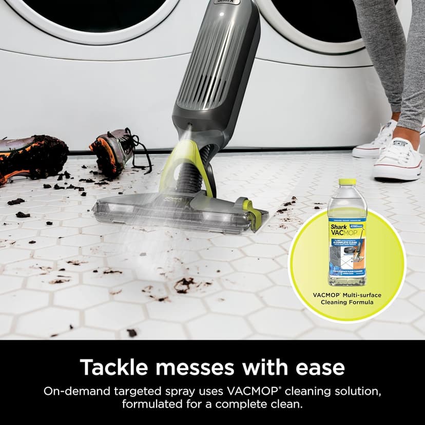 Shark VACMOP Pro Cordless Hard Floor Cleaner, Vacuum and Spray Mop, Powerful Suction, Lightweight, LED Headlights, Includes 4 Disposable Pads, 12oz Multi-surface Cleaning Solution, Gray, VM252