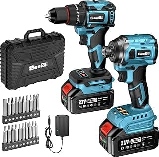 SEESII 21V Max Cordless Drill and Impact Driver, Power Tool Combo Kit Included 3/8'' Drill & 1/4'' Impact Driver, 2x 4000mAh Battery, Fast Charger, 20 pcs Driver Bit Set & Bag