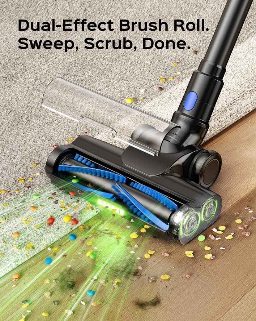 Cordless Stick Vacuum Cleaner, 55Min Cordless Vacuum Cleaners for Home, Powerful Suction Rechargeable Vacuum with Green LED Headlight, Lightweight Stick Vac for Carpet, Hardwood Floors & Pet Hair