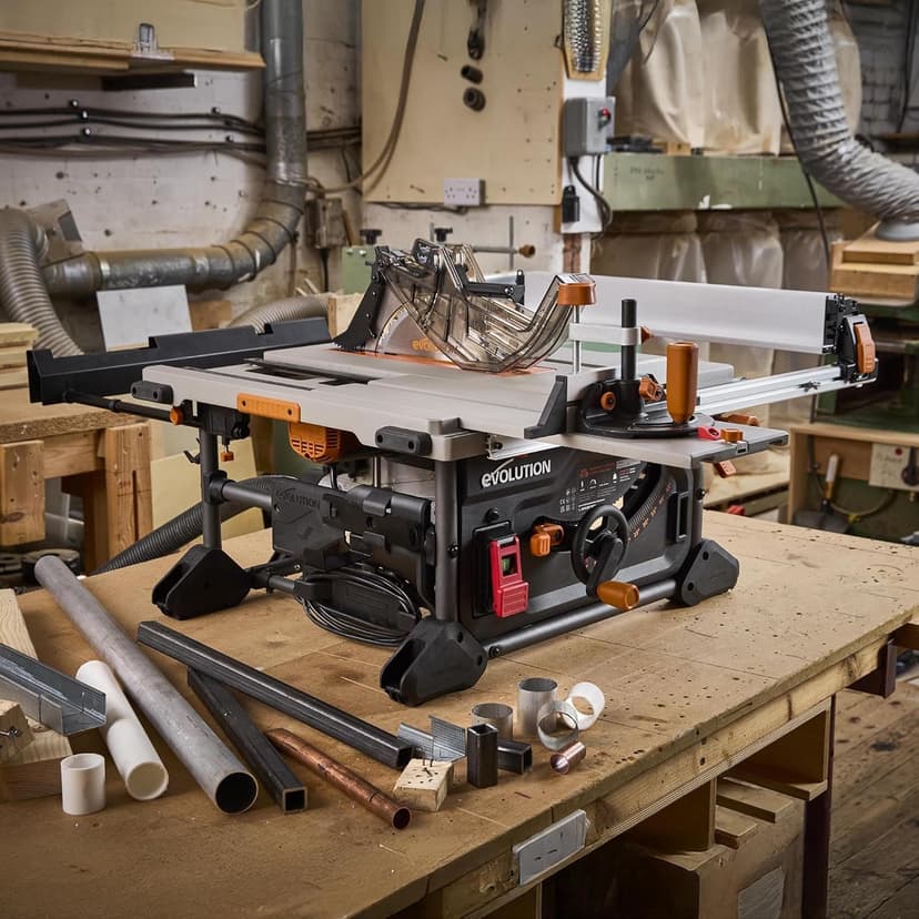 Evolution R10TS 10" Jobsite Table Saw | 15A Powerful Motor | Multi-Material Cutting | 10" TCT Blade | 26” Rip Capacity | 3-3/8” Cut Depth | 0-45º Bevel | Precision Fence | Portable & Heavy-Duty