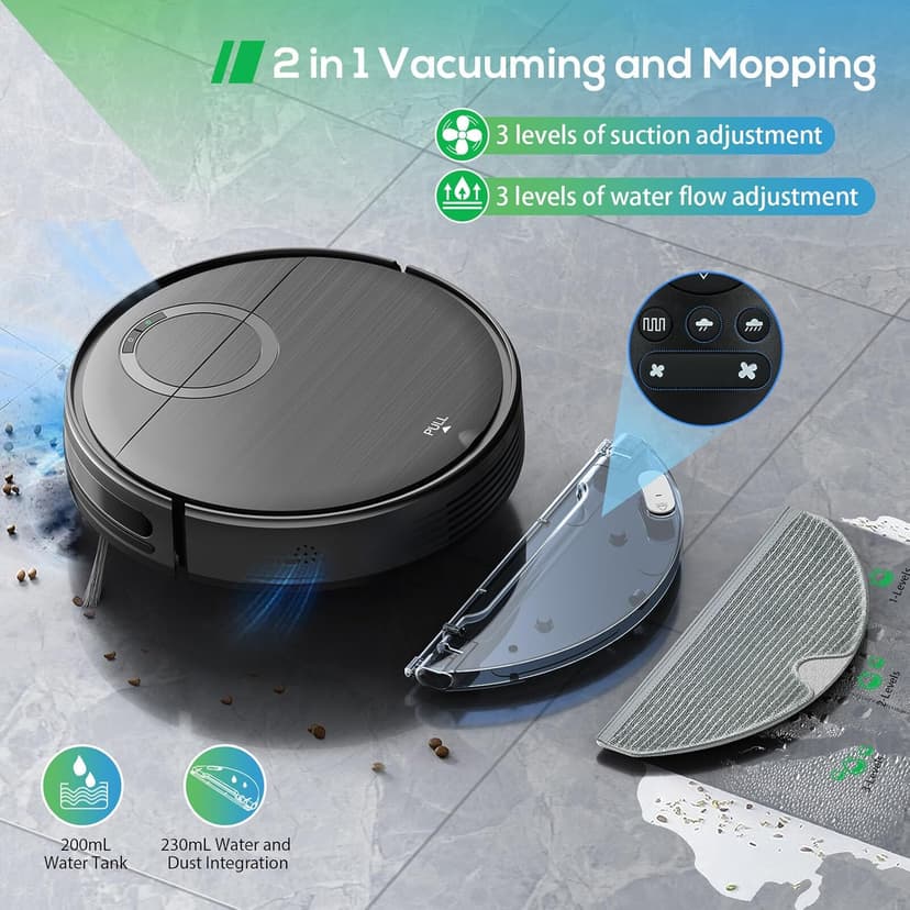 Robot Vacuum and Mop Combo, 2 in 1 Mopping Robotic Vacuum Cleaner with Schedule, Wi-Fi/App/Remote, Max Suction 2000Pa, Self-Charging, Slim, Ideal for Hard Floor, Pet Hair, Low-Pile Carpet