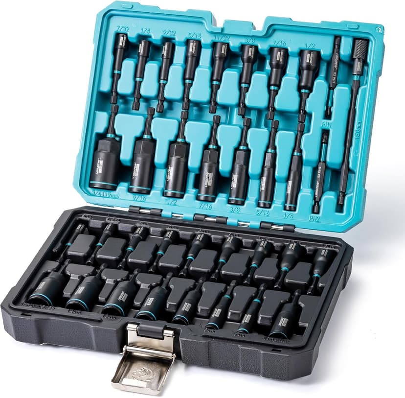 LIBRATON Magnetic Nut Driver Set, 35PCs Impact Driver Bit Set, Deep Nut Driver Set, Metric & SAE Nut Driver for Impact Drill, Wing Nut Driver, Quick-release Bit Holder, Drill Bit PH1 PH2, with Toolbox