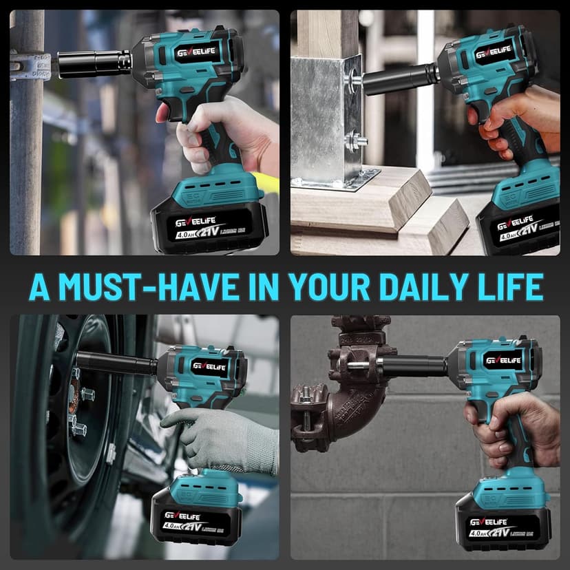 GEVEELIFE 450N.m/332Ft-lbs Brushless Impact Wrench,1/2" Cordless Impact Gun with 4.0Ah Battery & 6 Sockets, Electric Impact Driver for Car/DIY Furniture/Lawn Mower/blue (450N)