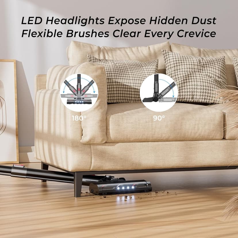 Cordless Vacuum Cleaner 45Kpa Brushless Motor Vacuum Cleaners for Home, Lightweight Stick Vacuum with LED Floor Brush, Rechargeable Cordless Vacuum for Pet Hair Carpet Hardwood Floor