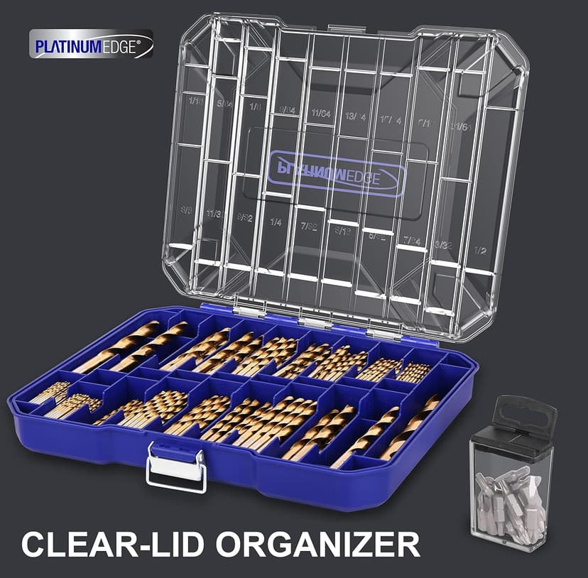 276pc Titanium Twist Drill Bit Set with S2 Bits 135° Tip High Speed Steel, Size from 1/16" up to 1/2", Ideal in Wood Cast Iron Aluminum Alloy Plastic Fiberglass, Clear Lid Case