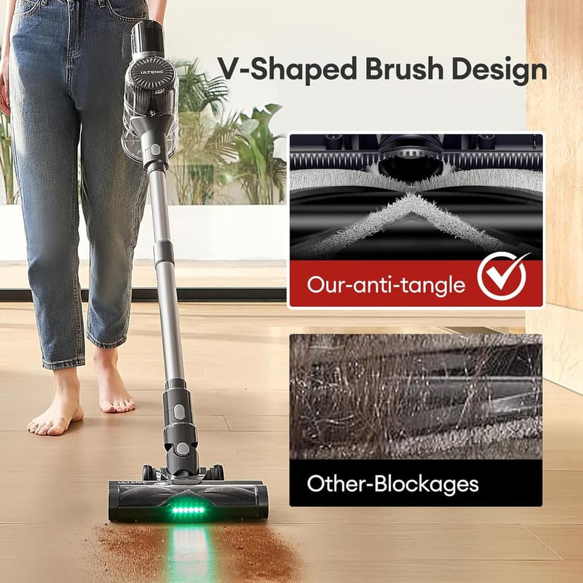 Ultenic Cordless Vacuum Cleaner, 500W 45Kpa Stick Vacuum with Car Dashboard Screen, Tangle-Free Brush for Pet Hair, Max 45mins Runtime, LED Display Tools for Hard Floor, Carpet, Car Cleaning, U12