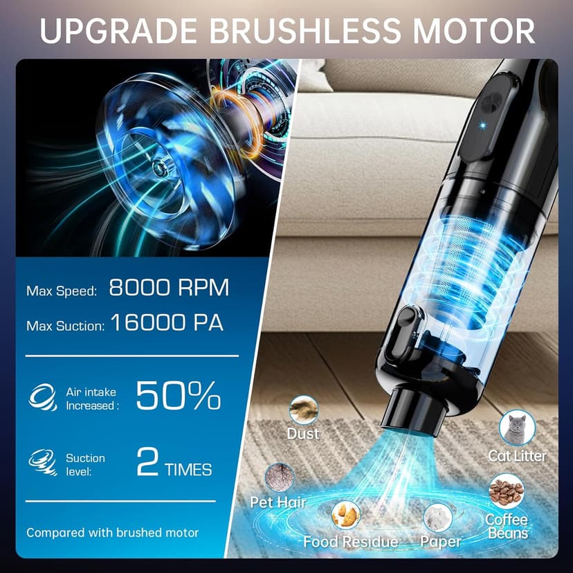 Handheld Vacuum Cordless, Portable Car Vacuum with 16000Pa Powerful Suction, Ultra-Lightweight 1.3lbs, Brushless Motor, Multiple Accessories for Home Office Car Pets Cleaning