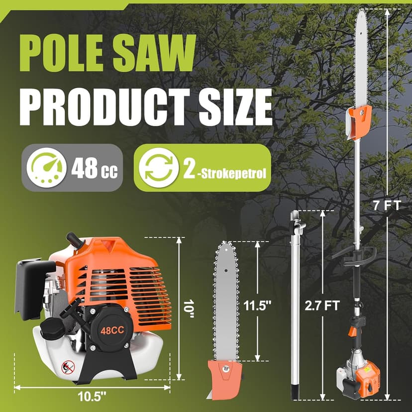 Gas Powered Pole Saw, 48cc 2-Cycle Gas Pole Saws for Tree Trimming with 11.5in Cutting Bar,16-FT Height Reachable Cordless Extension Chainsaw for Tree Trimming Bush Pruning Branch Cutting