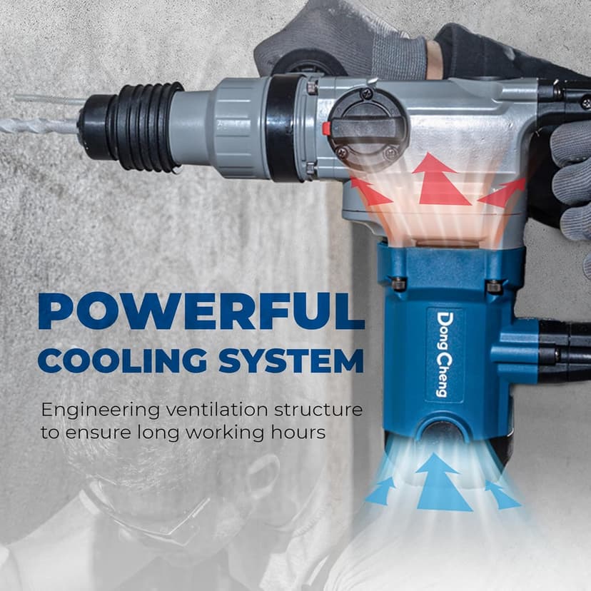 Dong Cheng 1-1/8 Inch SDS-Plus Rotary Hammer Drill with Safety Clutch, 9.2 Amp Heavy Duty Corded Demolition Hammer for Concrete, 3.6 Joules, Including 3 Drill Bits, Flat Chisels and Point Chisels