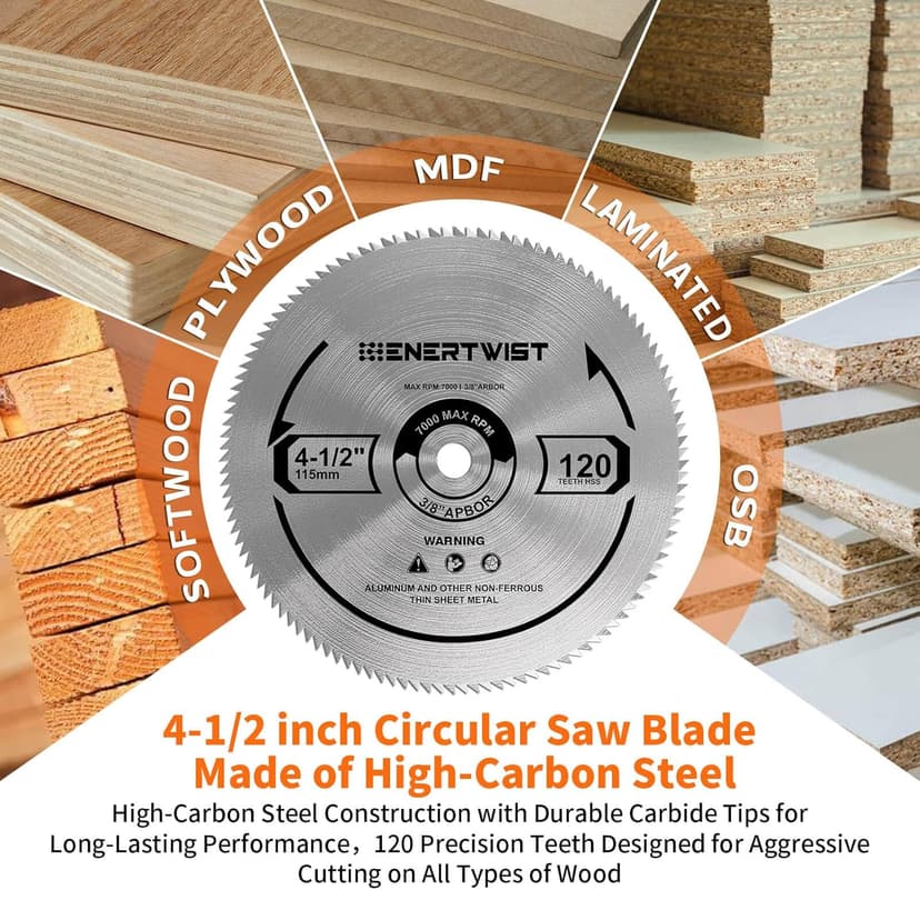 ENERTWIST 4-1/2 Inch 120T Circular Saw Blade 3/8 Inch (9.5mm) Arbor, Pack of 2-Pieces for Plywood, OSB, Paneling and Vinyl Siding Fast and Smooth Cutting Saw Blade