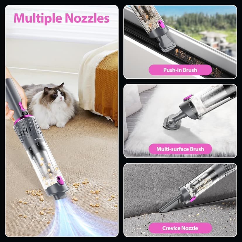 Handheld Vacuum Cordless 25000Pa Car Vacuum 3-in-1 Handheld Vacuum, Includes Smart Display and Charging Base Hand Vac Cordless Rechargeable One-Touch Empty for Home/Pet/Car (Violet)