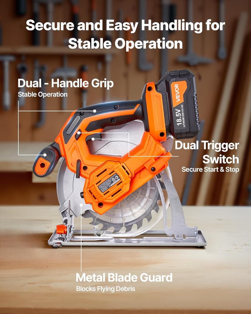 VEVOR Cordless Circular Saw, 7-1/4 inch Blade, 5000 RPM Speed, 0-45 Degree Bevel Capability, Brushless Motor, LED Light, Electric Circular Saw Kit with Battery and Charger Included, for Wood Cutting