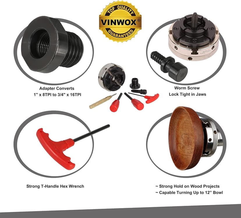 4INCH 4-Jaw Self-Centering Wood Lathe Chuck, 2" Round Jaw Mounted, 1"x8TPI thread & 3/4"x16TPI Adapter, T Allen Wrench, Screw Chuck, SCR4-4, Nickle electric Coating Body