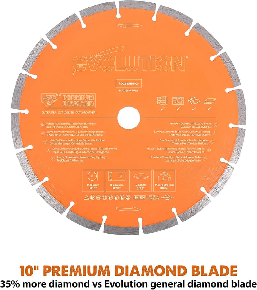 Evolution R255DCT - 10 In Concrete Saw (Aka Circular, Angle Grinder, Chop Saw, Cut Off, Demo, Disc Cutter, Power Cutter) - 15A Motor, No Gas - 4-1/16 In Cut - Incl Premium Diamond Blade