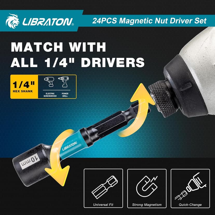 LIBRATON 24PCS Magnetic Nut Driver Set, Impact Drill Driver Bit Set 1/4", Metric and SAE Nut Drivers for Impact Drill, Impact Socket Adapters, Screwdriver Bits, Bit Holder, with Black Phosphating