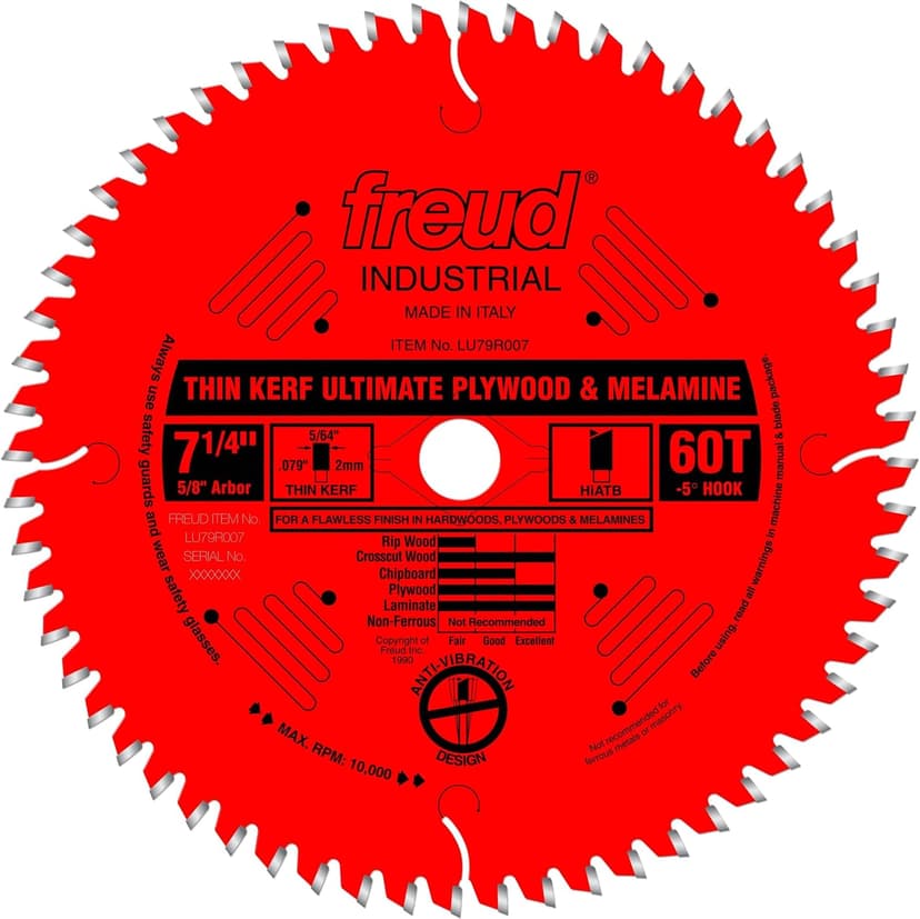 Freud Thin Kerf Ultimate Plywood & Melamine Saw Blade with Premium Tico Hi-Density Carbide Crosscutting Blend - 7-1/4" Diameter, 60 Teeth, Hi-ATB Grind - LU79R007