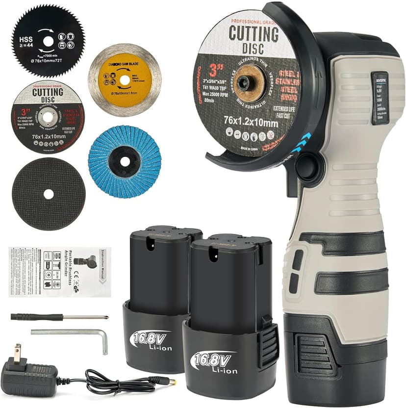 Angle Grinder Tool,Cordless Portable Angle Grinder with 2pcs 16.8V 2000mAh Battery 5-Cutting Discs 28000rpm,Power Angle Grinder for Wood Metal Stone Concrete (brush)