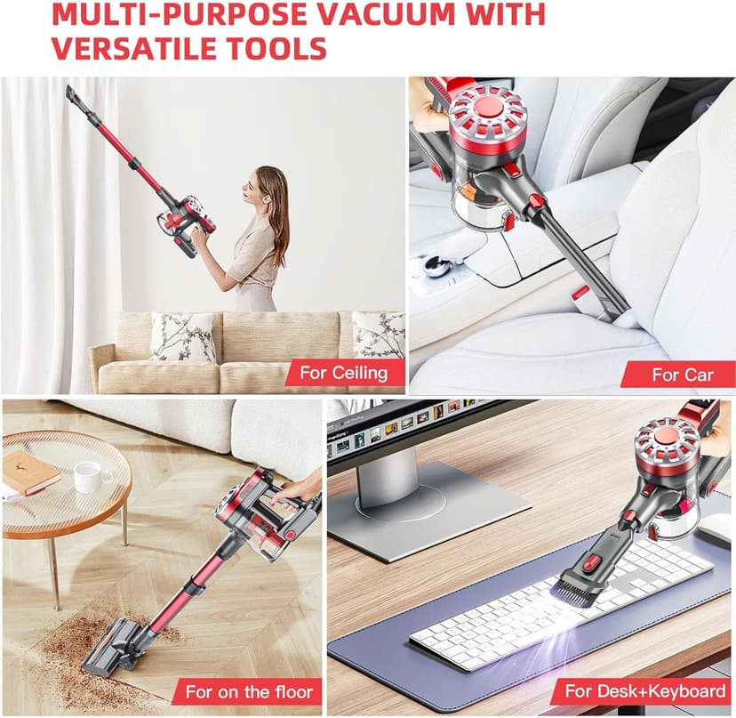 Cordless Vacuum Cleaner for Home with Powerful Suction,Lightweight Stick Vacuum Cordless Rechargeable with 35 Mins Runtime, Hardwood Floor Vacuum for Pet Hair,Carpet,Tile(Red)