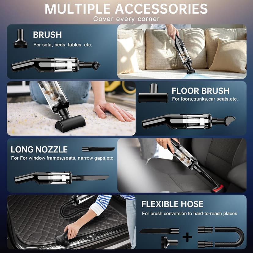 Handheld Vacuum Cordless, Portable Car Vacuum with 16000Pa Powerful Suction, Ultra-Lightweight 1.3lbs, Brushless Motor, Multiple Accessories for Home Office Car Pets Cleaning