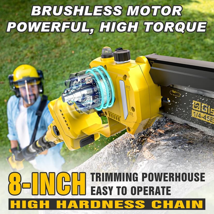 2-in-1 Electric Pole Saws for Tree Trimming,8" Mini Chainsaw Cordless with Extension Pole, 1000W Brushless Motor,Auto Oiling,15.58 FT Max Reach Extension Pole for Outdoors Pruning with 2×Batteries