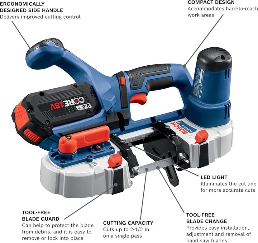 BOSCH GCB18V-2N 18V Compact Band Saw (Bare Tool) + BOSCH CBS1418 3 Pc. 28-7/8 In. 14-18 TPI General-Purpose Portable Band Saw Blades + GXS18V-11N25 CORE18V Starter Kit - (2) 4.0 Batteries & Charger