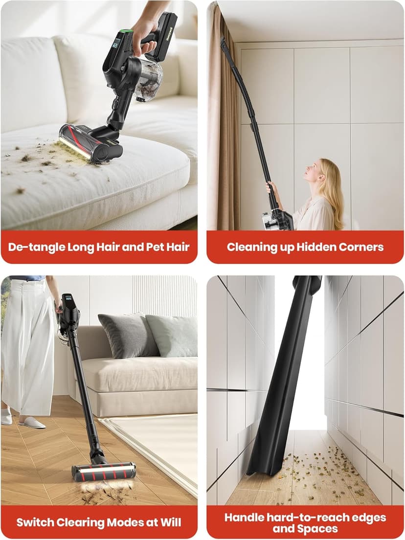 Honeywell Self-Cleaning Cordless Vacuum Cleaner, 8-in-1 Lightweight Stick Vacuum with 60Mins Runtime, Powerful Suction, Rechargeable Cordless Vacuum for Pet Hair/Carpet/Hardwood Floor, VC16
