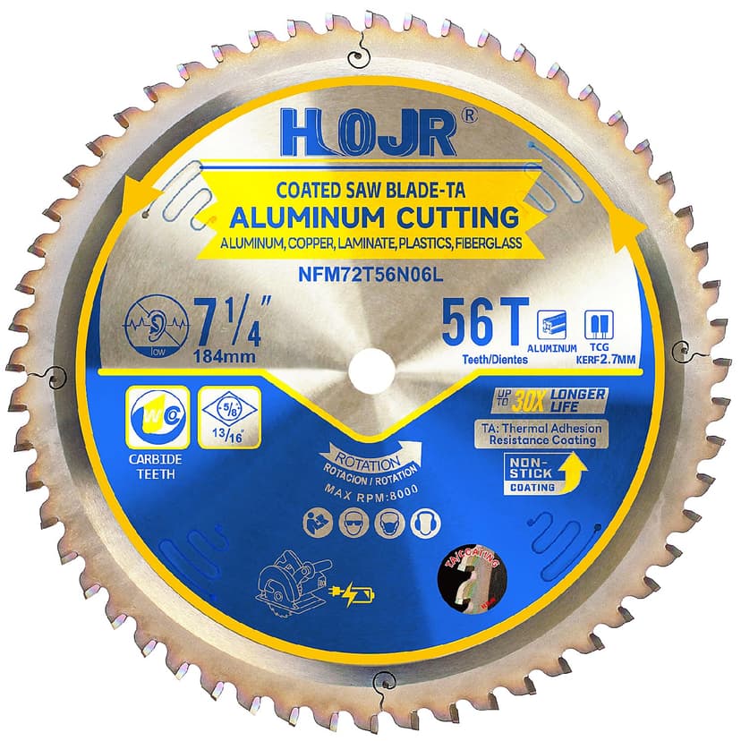 Aluminum Cutting Circular Saw Blade,Medium Aluminum,Laminate,Melamine,Plastic, Flooring Cutting, The Cutting Head uses a Special Anti-Heat Sticking Coating,NFM 7-1/4 inch 56-Tooth 5/8" -TA