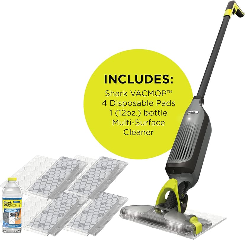 Shark VACMOP Pro Cordless Hard Floor Cleaner, Vacuum and Spray Mop, Powerful Suction, Lightweight, LED Headlights, Includes 4 Disposable Pads, 12oz Multi-surface Cleaning Solution, Gray, VM252