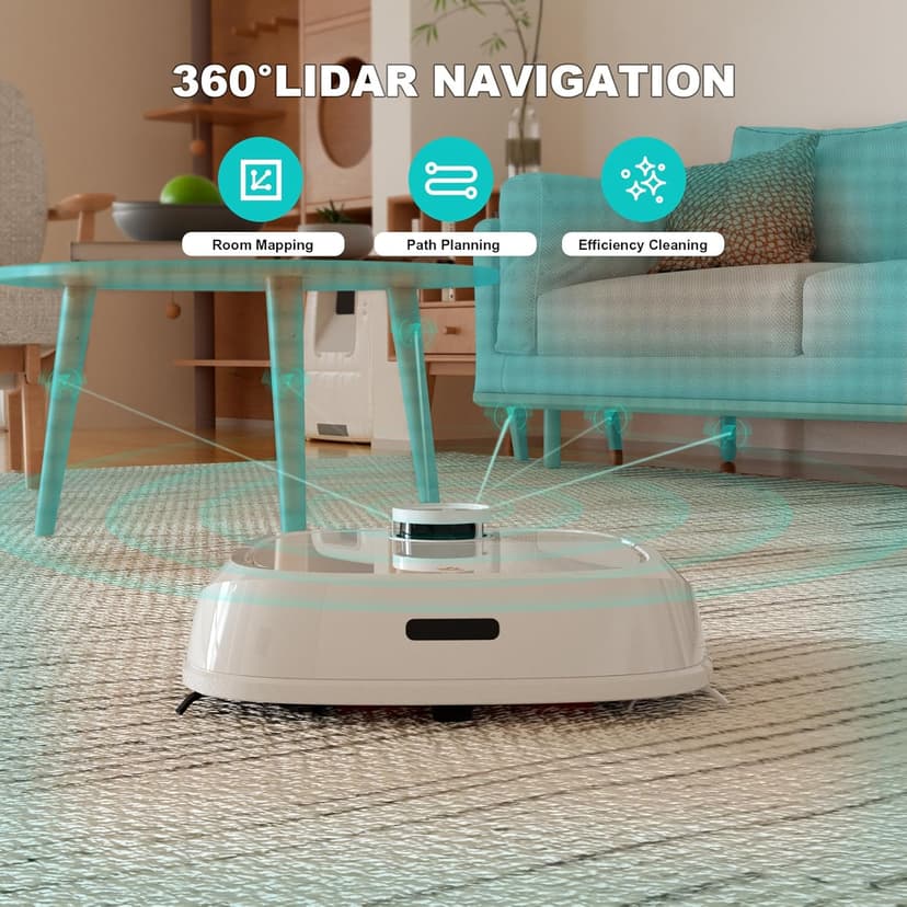 TECBOT M1 Pro Robot Vacuum and Mop - LiDAR Robotic Vacuums Cleaner for Home with Pet Hair, Carpet, Hardwood Floors, Auto Smart Mopping, Self Cleaning, Avoids Obstacles, Voice Control, White