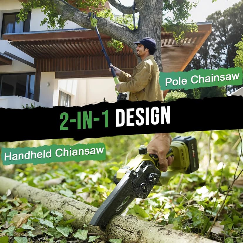 2-IN-1 Cordless Pole Saw & Mini Chainsaw, 21V 4.0Ah Battery Powered 6 Inch Electric Pole Chainsaw, 15Ft MAX Reach Pole Saw for Tree Trimming(2 * 4Ah Batteries and Fast Charger Included)