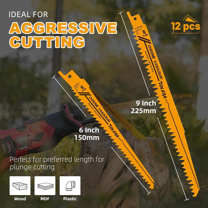 TOLESA 12 Pack CR-V Sawzall Pruning Blades 6 Inch+9 Inch for Tree Branch Root Wood Cutting, Reciprocating Saw Blade for Professional, DIYer, Gardener(Christmas Gift)