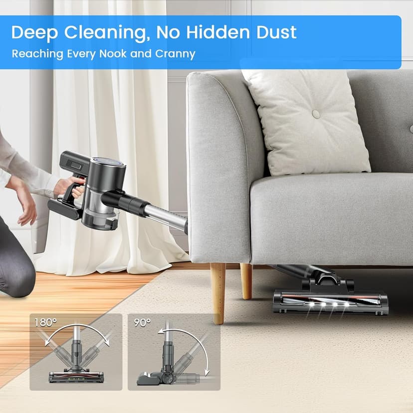 Cordless Vacuum Cleaner, 350W 35KPA 100Mins Runtime Powerful Stick Vacuum for home with Self-Standing, Touch Screen, Rechargeable Handheld Vacuum for Home/Pet Hair/Carpets/Hard Floors(2 Batteries)