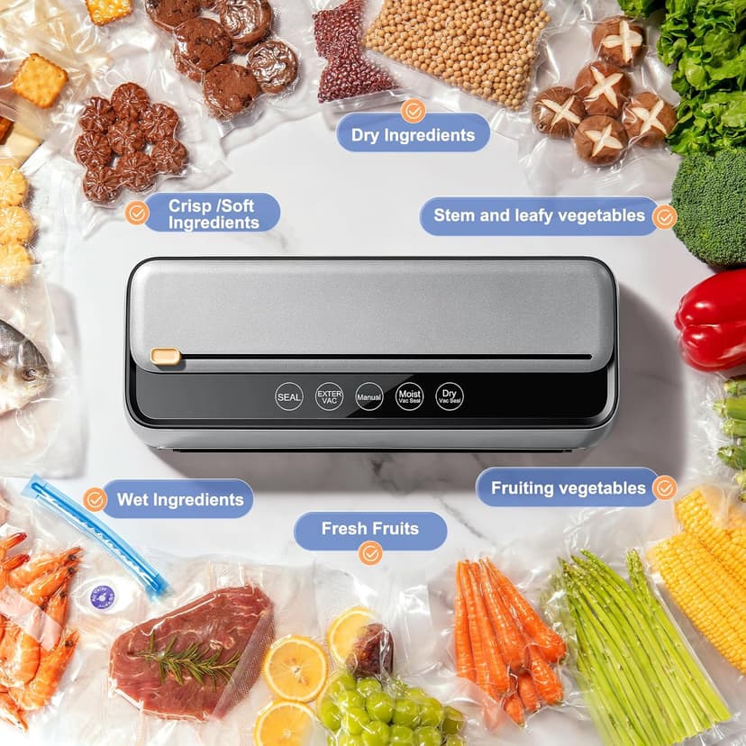85Kpa Vacuum Sealer Machine for Food, 8-IN-1 Fully Automatic Food Sealer with Built-in Cutter & Bag Storage, Dry/Moist/EXT-VAC Modes, LED Touch Control, Includes 12 Vacuum Bags & 1 Roll Bag