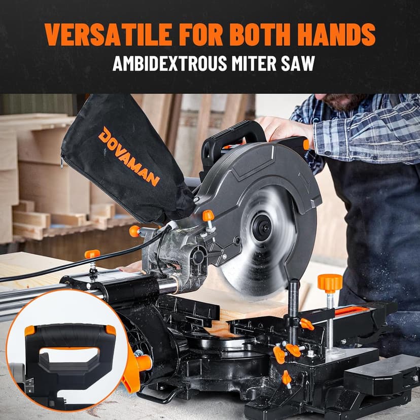 Updated 10-Inch Sliding Miter Saw, Multi-Material Cutting w/ 3 x TCT Blades, Ambidextrous Operation, 5000/3200RPM Speed, Laser Guide, 0-45° Bevel Cut, Max Cut 3.5x13.4in, 9 Positive Stops