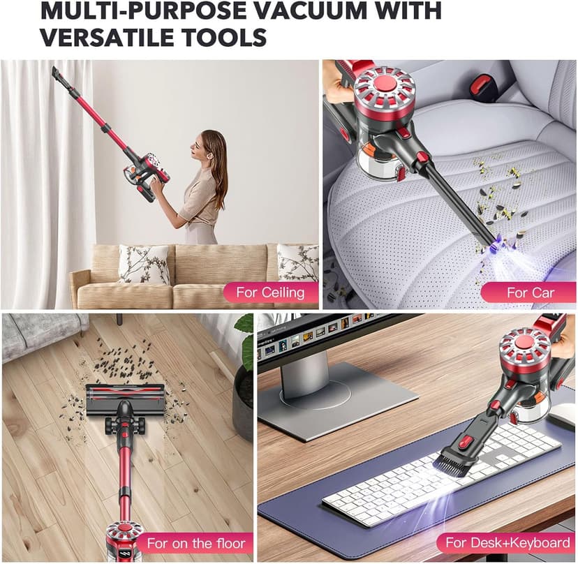 Cordless Vacuum Cleaners for Home with Powerful Suction,Stick Vacuum Cordless Rechargeable,Up to 35 Mins Runtime,Lightweight Hardwood Floor Vacuum for Pet Hair,Carpet(Red)
