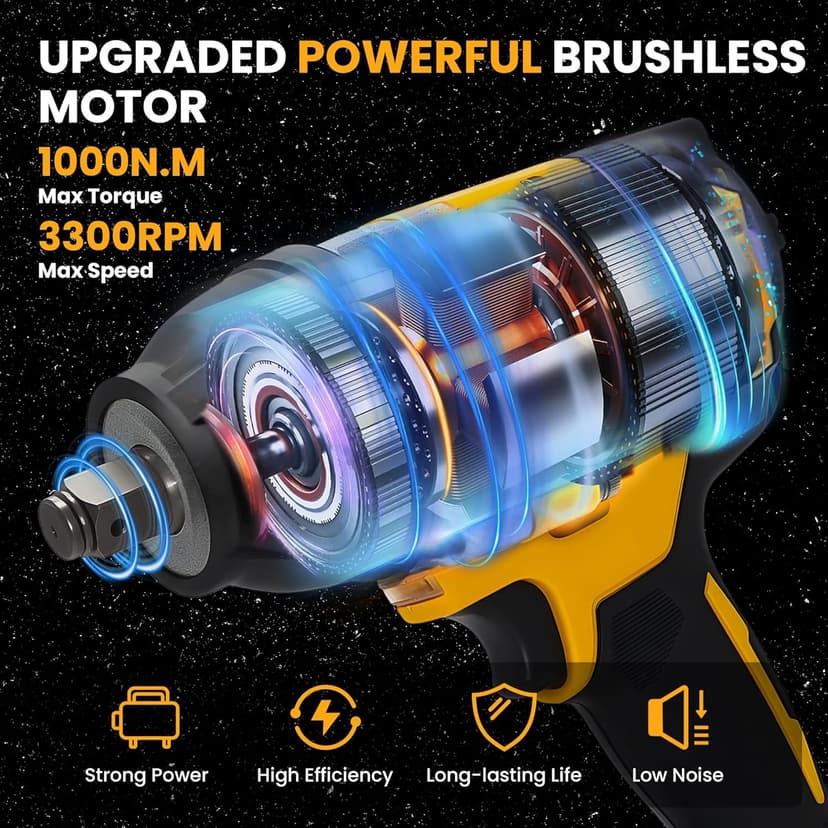 Cordless 1/2 Inch Impact Wrench,1000 N.m(740 Ft-lbs) Brushless High Torque Electric Impact Gun, 3300RPM Power Impact Driver, 2x 4.0AH Li-ion Battery,Charger & 6Pcs Sockets for Car Home DIY Furniture